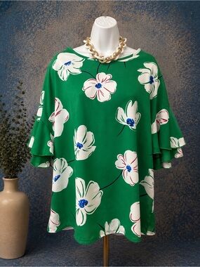 Lovely Melody - Green Floral Ruffle-Sleeve Blouse